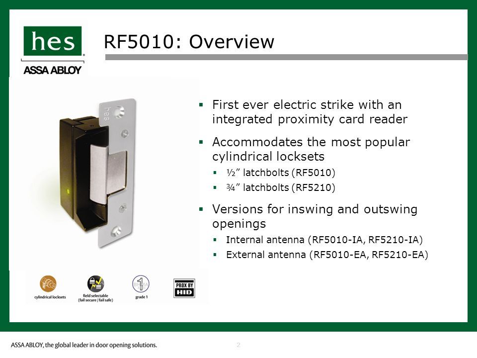 Verrouillage Électrique HES 5000 RF5010-IA Avec Lecteur De Carte Prox Intégré