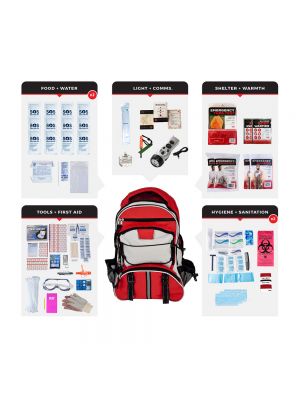 Guardian 2 Person Comfort Survival Kit includes everything you need to survive 72 hours. Shown with multi-pocket hiker's backpack.
