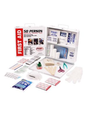 Guardian 50 Person First Aid Kit features a durable metal case perfect for indoor or outdoor storage